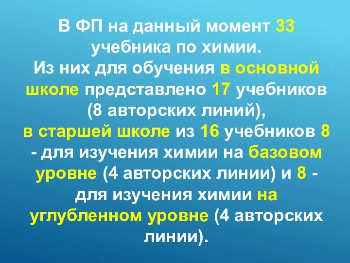 В ФП на данный момент 33 учебника по химии. Из них для