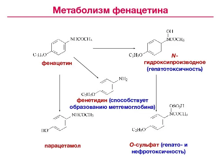 фенацетин N-гидроксипроизводное (гепатотоксичность) фенетидин (способствует образованию метгемоглобина) О-сульфат (гепато- и нефротоксичность) парацетамол Метаболизм фенацетина