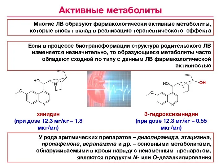 Многие ЛВ образуют фармакологически активные метаболиты, которые вносят вклад в реализацию терапевтического