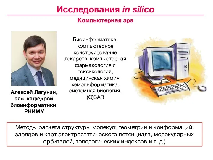 Исследования in silico Компьютерная эра Методы расчета структуры молекул: геометрии и конформаций,