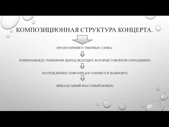 КОМПОЗИЦИОННАЯ СТРУКТУРА КОНЦЕРТА. ПРОЛОГ(ПРИВЕТСТВЕННЫЕ СЛОВА) НОМЕРА(МЕЖДУ НОМЕРАМИ ВЫХОД ВЕДУЩИХ, КОТОРЫЕ ГОВОРИЛИ О