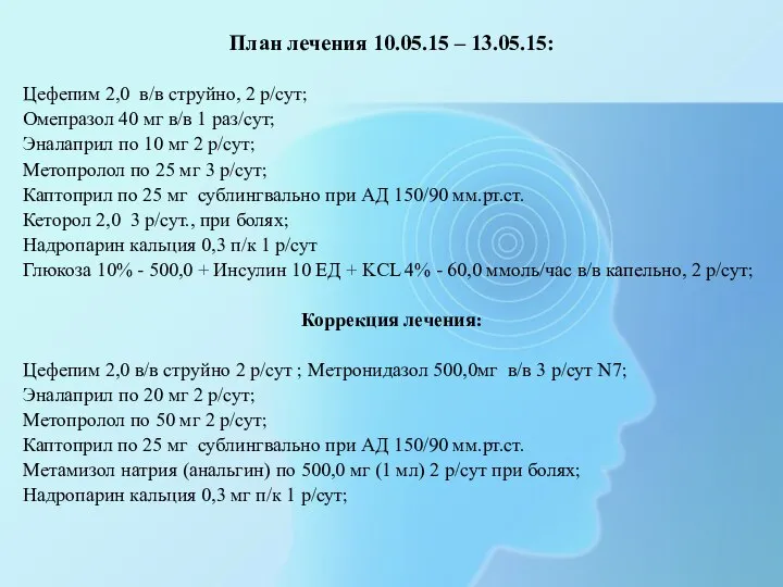 План лечения 10.05.15 – 13.05.15: Цефепим 2,0 в/в струйно, 2 р/сут; Омепразол