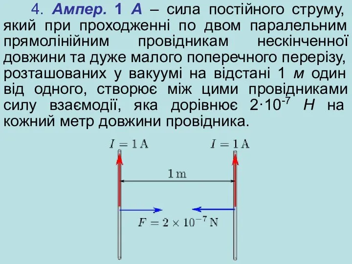 4. Ампер. 1 А – сила постійного струму, який при проходженні по