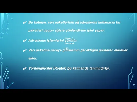 Layer 3 Network Ağ Bu katman, veri paketlerinin ağ adreslerini kullanarak bu