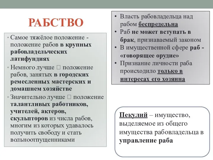 РАБСТВО Самое тяжёлое положение - положение рабов в крупных рабовладельческих латифундиях Немного