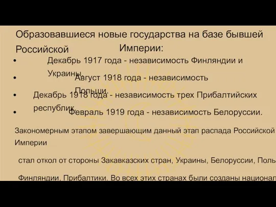 Образовавшиеся новые государства на базе бывшей Российской Империи: Декабрь 1917 года -