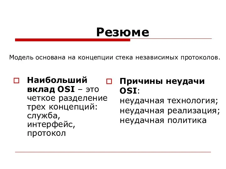 Резюме Наибольший вклад OSI – это четкое разделение трех концепций: служба, интерфейс,