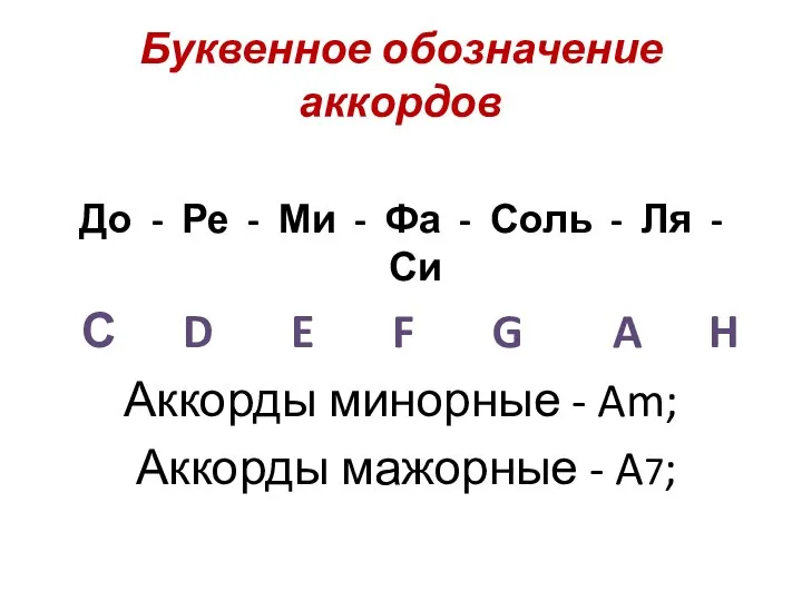 Буквенное обозначение аккордов До - Ре - Ми - Фа - Соль