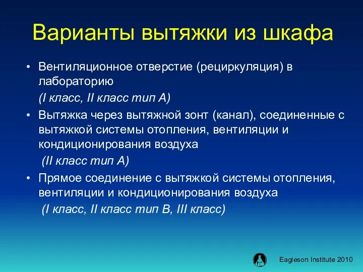 Варианты вытяжки из шкафа Вентиляционное отверстие (рециркуляция) в лабораторию (I класс, II