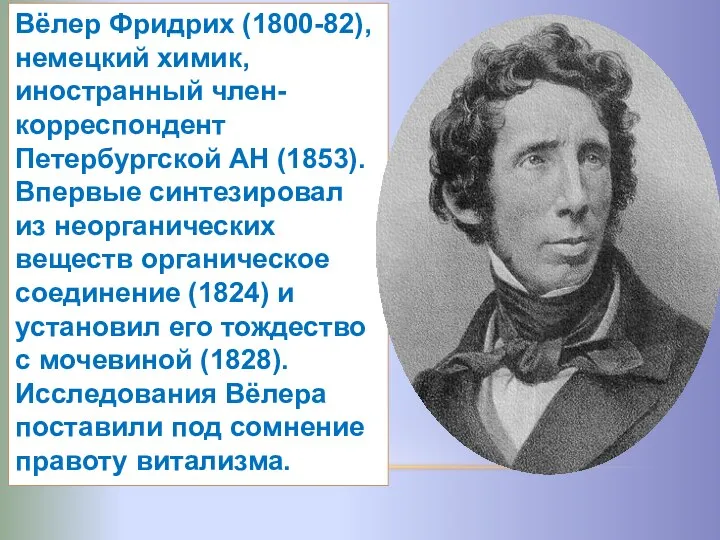 Вёлер Фридрих (1800-82), немецкий химик, иностранный член-корреспондент Петербургской АН (1853). Впервые синтезировал