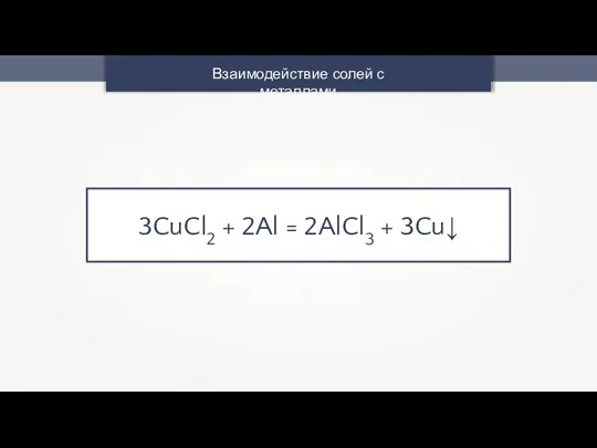 Взаимодействие солей с металлами 3CuCl2 + 2Al = 2AlCl3 + 3Cu↓