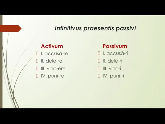 Infinitivus praesentis passivi Activum I. accusā-re II. delē-re III. vinc-ĕre IV. punī-re