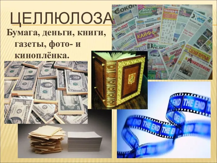 ЦЕЛЛЮЛОЗА Бумага, деньги, книги, газеты, фото- и киноплёнка.