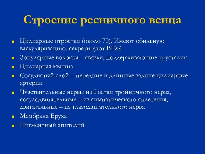 Строение ресничного венца Цилиарные отростки (около 70). Имеют обильную васкуляризацию, секретируют ВГЖ.