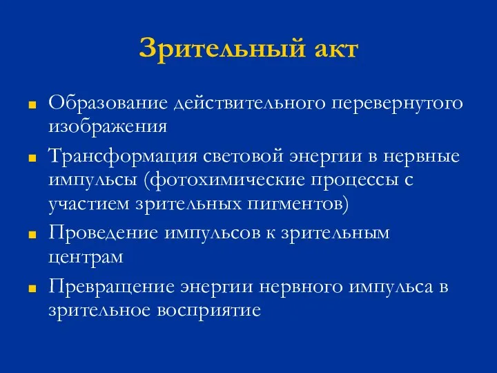 Зрительный акт Образование действительного перевернутого изображения Трансформация световой энергии в нервные импульсы