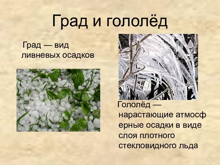 Град и гололёд Град — вид ливневых осадков Гололёд — нарастающие атмосферные