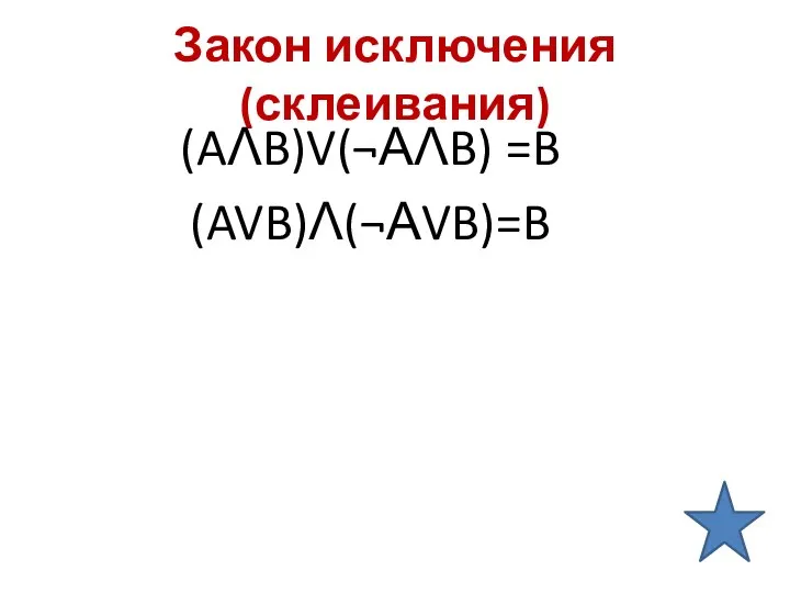 Закон исключения (склеивания) (AΛB)V(¬АΛB) =B (AVB)Λ(¬АVB)=B