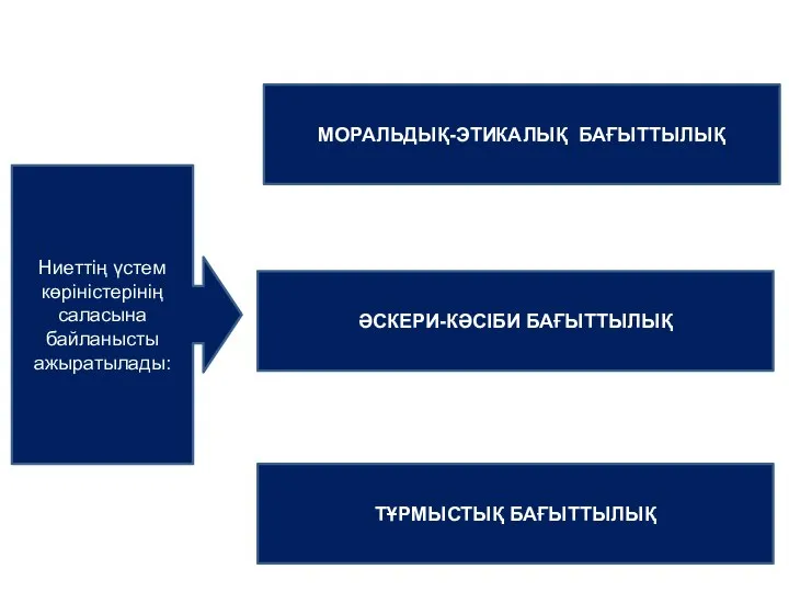 МОРАЛЬДЫҚ-ЭТИКАЛЫҚ БАҒЫТТЫЛЫҚ ӘСКЕРИ-КӘСІБИ БАҒЫТТЫЛЫҚ ТҰРМЫСТЫҚ БАҒЫТТЫЛЫҚ Ниеттің үстем көріністерінің саласына байланысты ажыратылады: