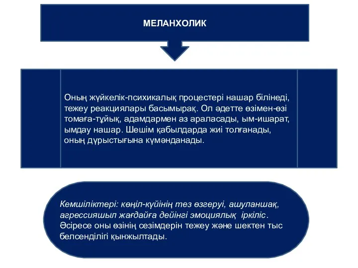 МЕЛАНХОЛИК Оның жүйкелік-психикалық процестері нашар білінеді, тежеу реакциялары басымырақ. Ол әдетте өзімен-өзі