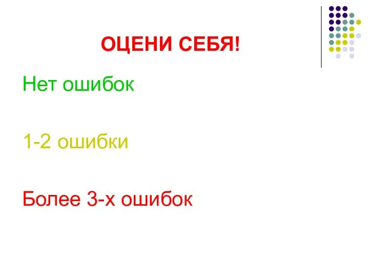 ОЦЕНИ СЕБЯ! Нет ошибок 1-2 ошибки Более 3-х ошибок