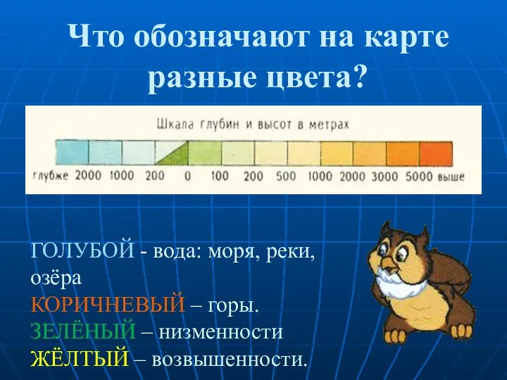 Что обозначают на карте разные цвета? ГОЛУБОЙ - вода: моря, реки, озёра