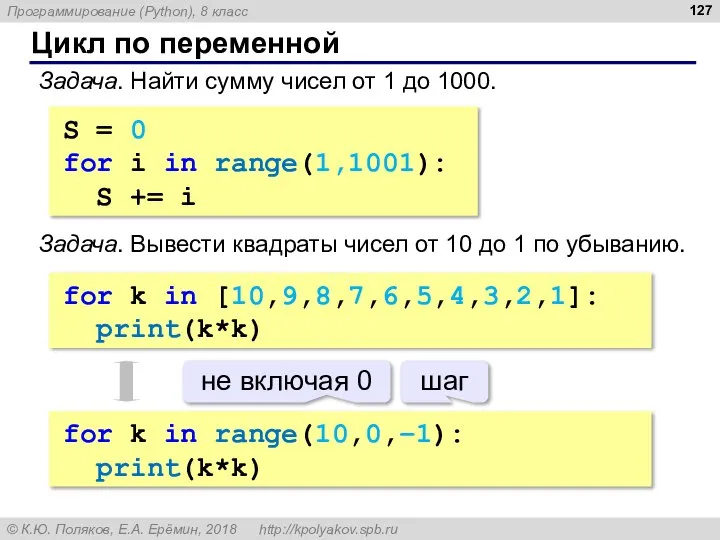 Цикл по переменной Задача. Найти сумму чисел от 1 до 1000. S