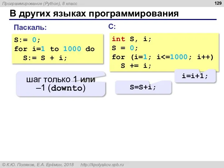В других языках программирования С: int S, i; S = 0; for