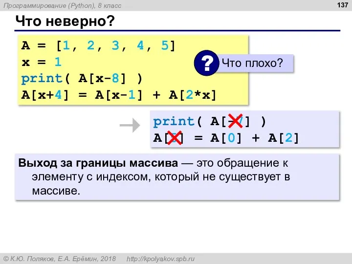 Что неверно? A = [1, 2, 3, 4, 5] x = 1