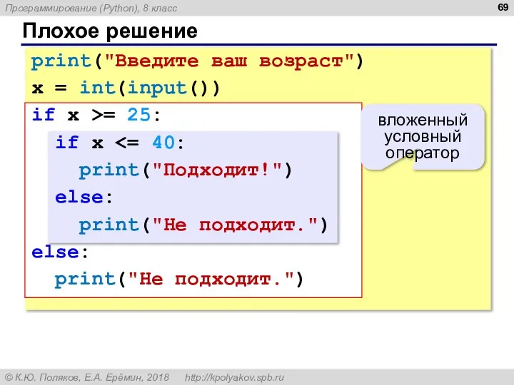 Плохое решение print("Введите ваш возраст") x = int(input()) if x >= 25: