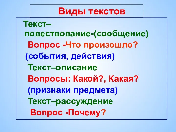 Виды текстов Текст–повествование-(сообщение) Вопрос -Что произошло? (события, действия) Текст–описание Вопросы: Какой?, Какая?