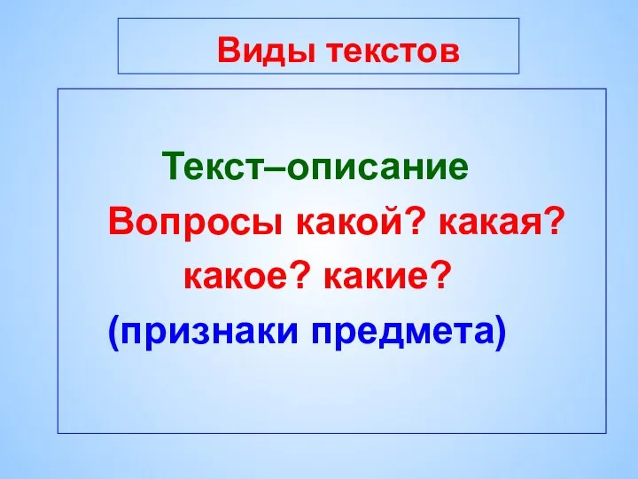 Виды текстов Текст–описание Вопросы какой? какая? какое? какие? (признаки предмета)