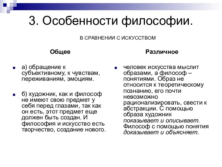 3. Особенности философии. В СРАВНЕНИИ С ИСКУССТВОМ Общее а) обращение к субъективному,