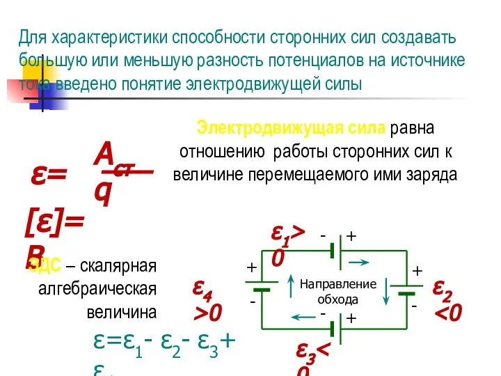 Для характеристики способности сторонних сил создавать большую или меньшую разность потенциалов на