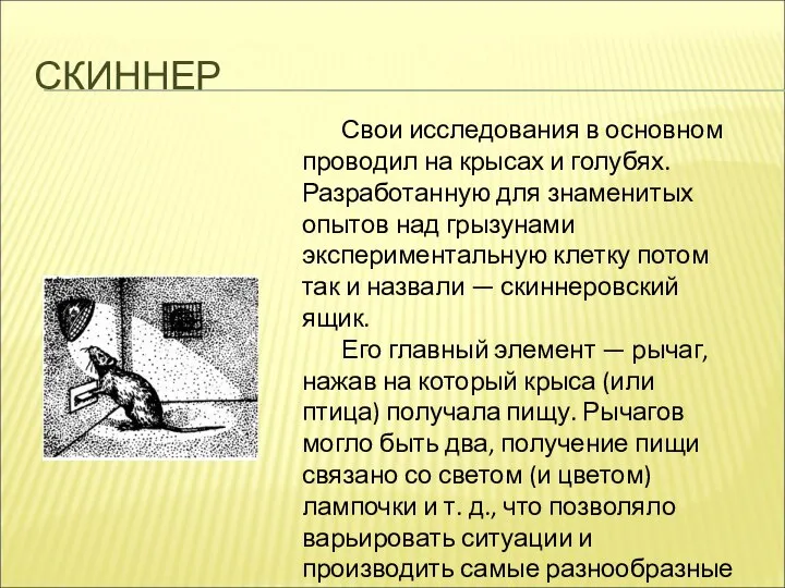 СКИННЕР Свои исследования в основном проводил на крысах и голубях. Разработанную для