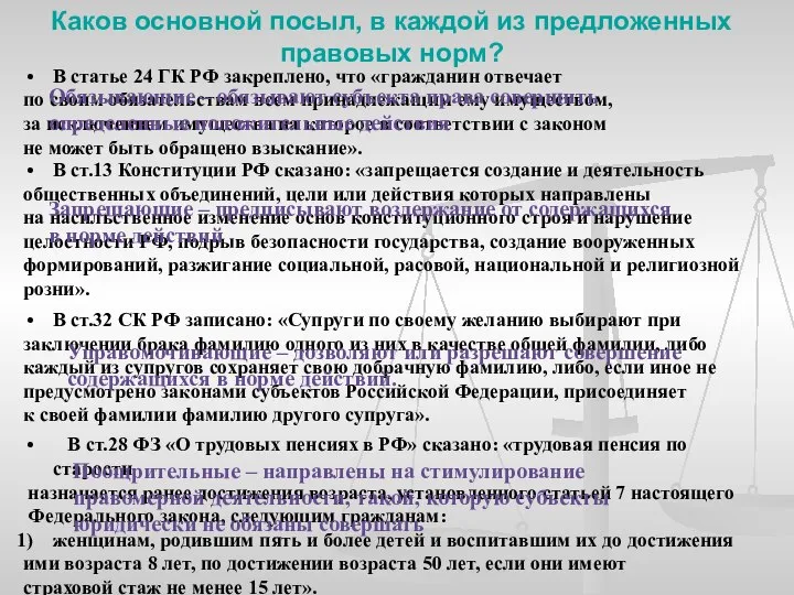 Каков основной посыл, в каждой из предложенных правовых норм? В статье 24