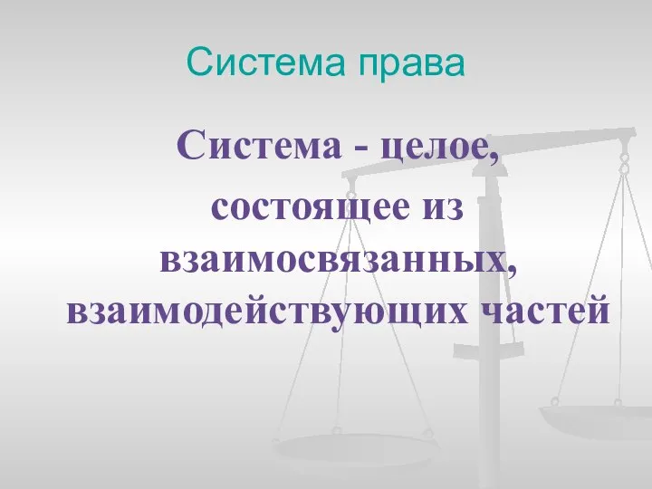 Система права Система - целое, состоящее из взаимосвязанных, взаимодействующих частей