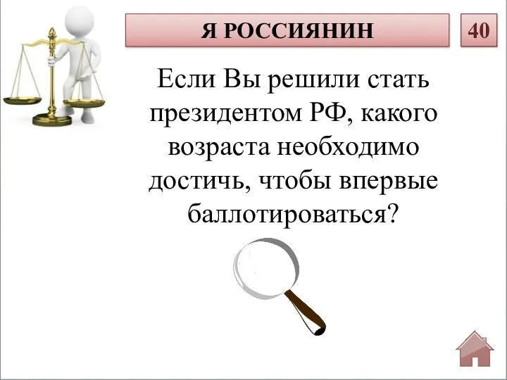 Если Вы решили стать президентом РФ, какого возраста необходимо достичь, чтобы впервые баллотироваться? Я РОССИЯНИН 40