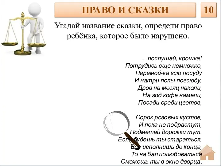 Угадай название сказки, определи право ребёнка, которое было нарушено. ПРАВО И СКАЗКИ