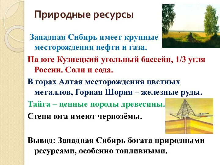 Природные ресурсы Западная Сибирь имеет крупные месторождения нефти и газа. На юге