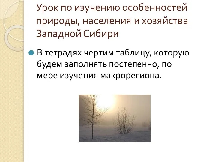 Урок по изучению особенностей природы, населения и хозяйства Западной Сибири В тетрадях