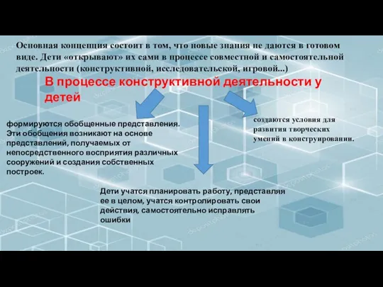 В процессе конструктивной деятельности у детей формируются обобщенные представления. Эти обобщения возникают