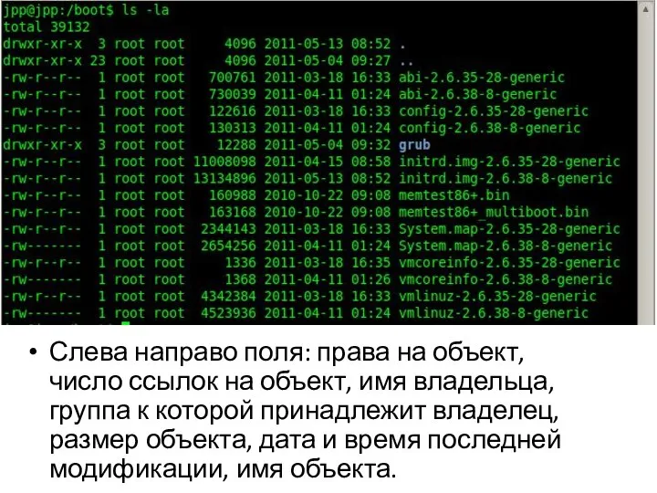 Слева направо поля: права на объект, число ссылок на объект, имя владельца,