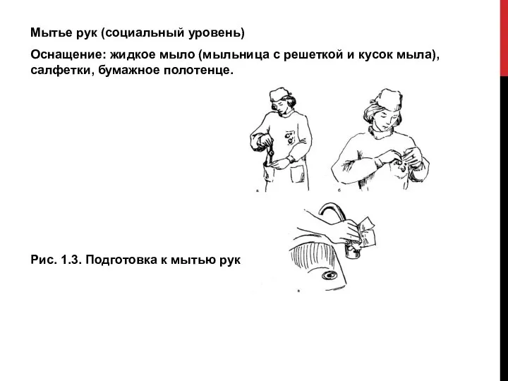 Мытье рук (социальный уровень) Оснащение: жидкое мыло (мыльница с решеткой и кусок