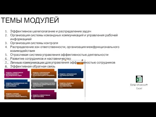 ТЕМЫ МОДУЛЕЙ Эффективное целеполагание и распределение задач Организация системы командных коммуникаций и