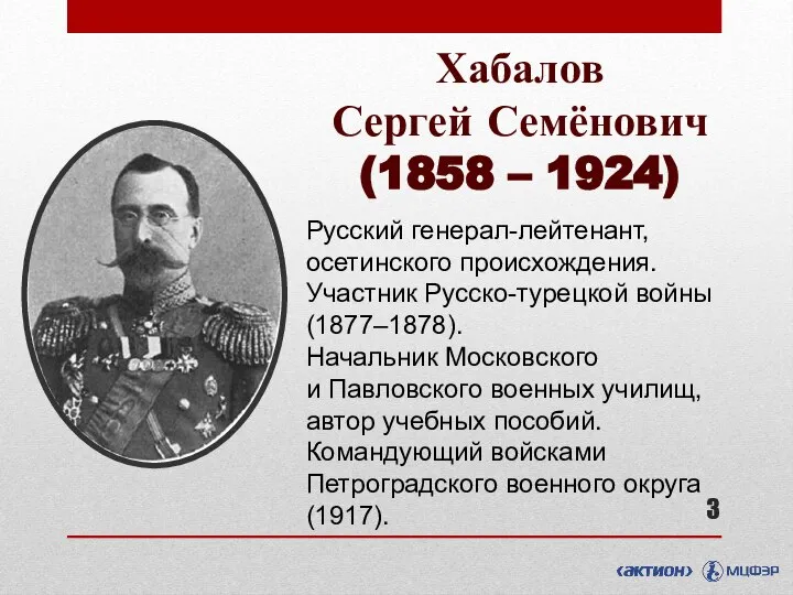 Хабалов Сергей Семёнович (1858 – 1924) Русский генерал-лейтенант, осетинского происхождения. Участник Русско-турецкой