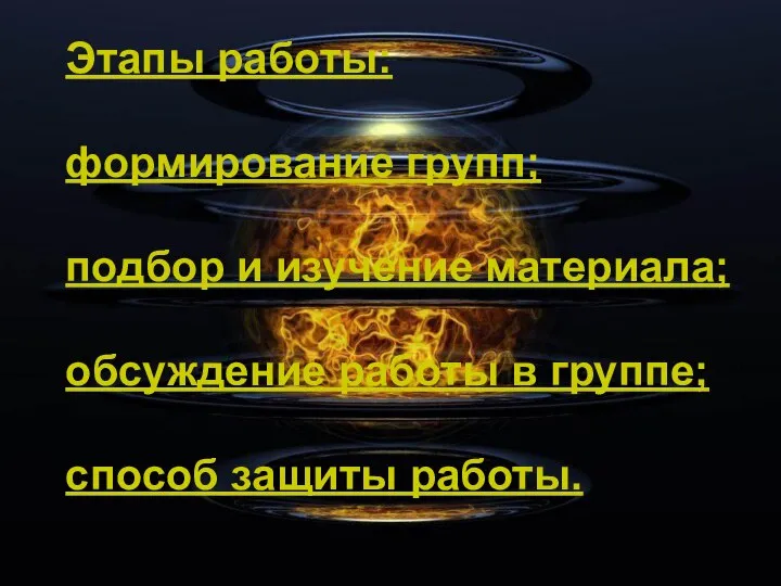 Этапы работы: формирование групп; подбор и изучение материала; обсуждение работы в группе; способ защиты работы.