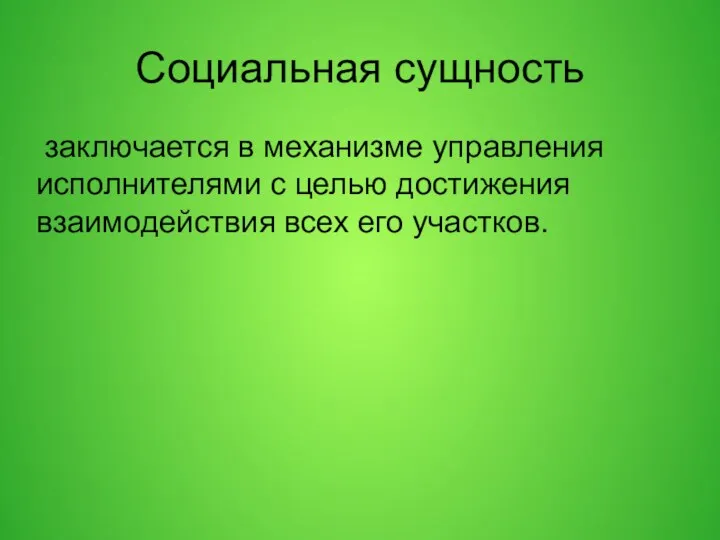 Социальная сущность заключается в механизме управления исполнителями с целью достижения взаимодействия всех его участков.