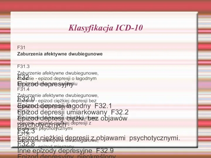 Klasyfikacja ICD-10 F31 Zaburzenia afektywne dwubiegunowe F31.3 Zaburzenie afektywne dwubiegunowe, obecnie -