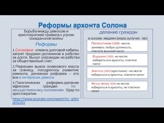 Реформы архонта Солона Борьба между демосом и аристократией привела к угрозе гражданской