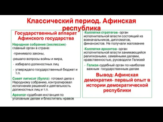 Классический период. Афинская республика Государственный аппарат Афинского государства Народное собрание (экклессия)- главный